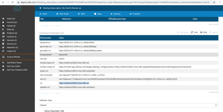 SlapOS Dashboard - Connection Parameters Service Webrunner