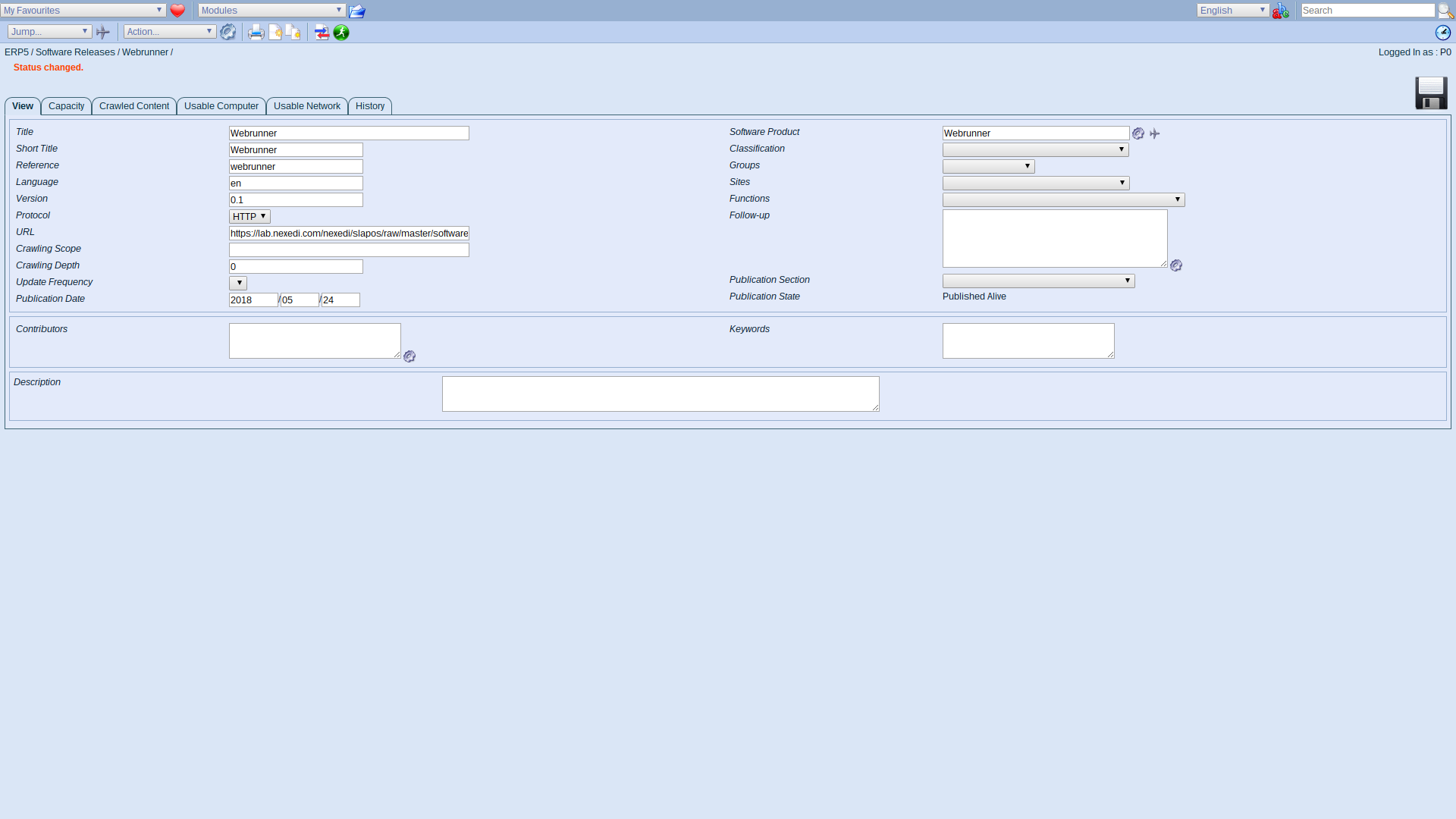 ERP5 Interface - Administrator Publish Software Release Alive Webrunner